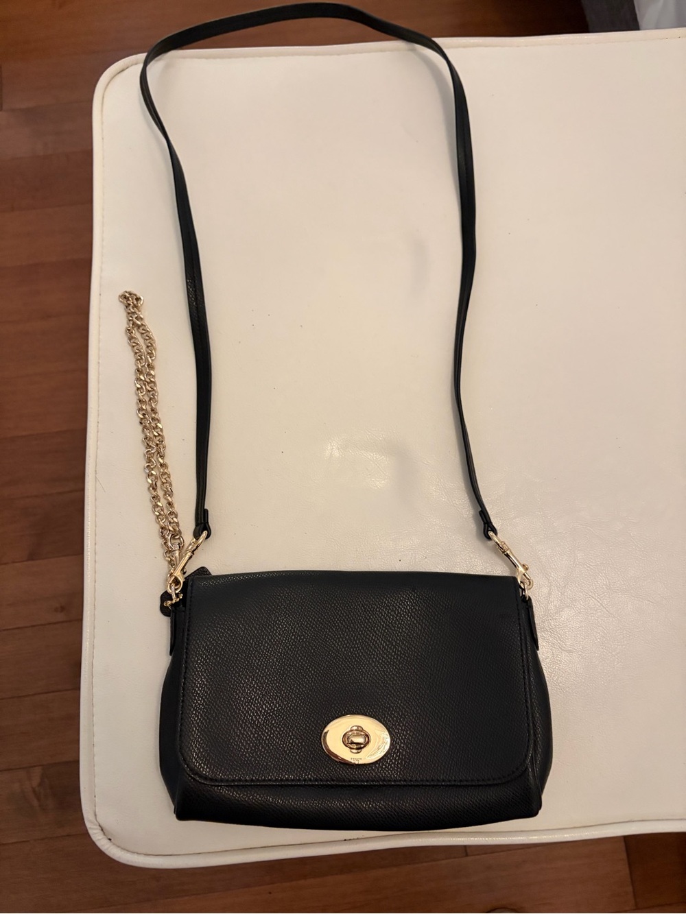 Coach Black Leather Crossbody with Gold Chain Accent